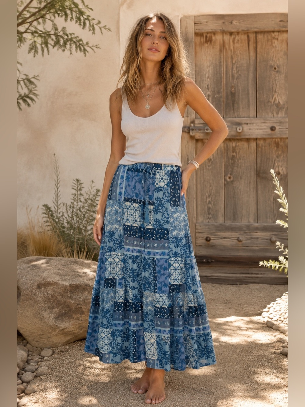 Frye Blue Patchwork Floral Boho Tiered Maxi Skirt Country Western Cottagecore, M